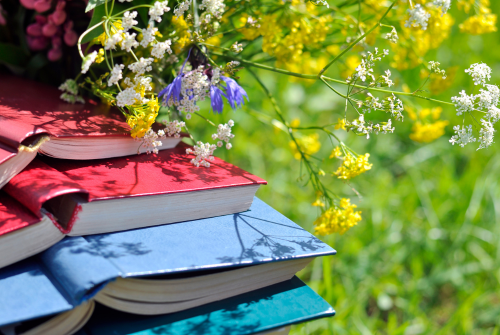 Books in a field of flowers